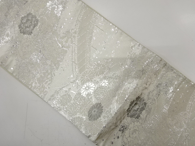 アンティーク　プラチナ銀箔二重織　御所車に牡丹・菊・橋模様織り出し袋帯（材料）